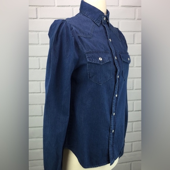 Torn by Ronny Kobo Denim Puff Sleeve Button Down in Dark Wash - Size S - Picture 6 of 8